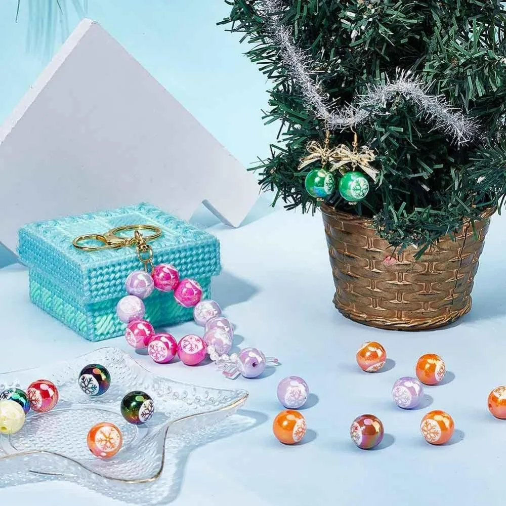 50개 눈송이 모양 원형 비즈 16mm 겨울 비즈 대량 아크릴 컬러 볼 버블껌 껌볼 눈송이 프린트 펜 비즈