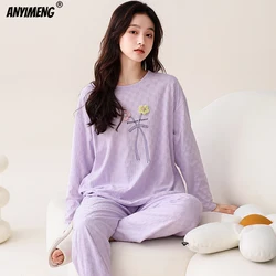 Autumn Winter Cotton Pajamas for Women Long Sleeves O-neck Sleepwear HQ Pijamas Causal Simple Purple Home Suit Ladies Pyjamas