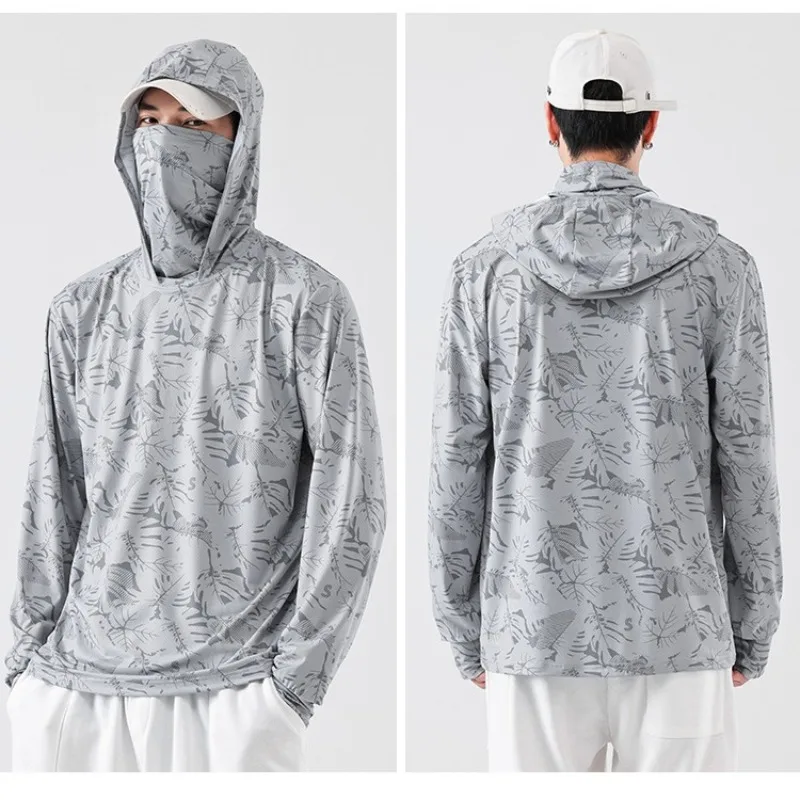 Men Hooded Face Cover Integrated Leaf Print Sun Protection Long Sleeve Shirt Fishing Hiking UPF Lightweight Breathable Top