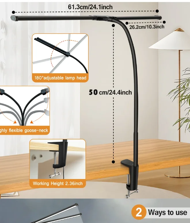 LED Double/Single Head Reading Desk Lamp Foldable Swing Arm Table Lamp with Clip Dimmable Workstation Office PC Eye Protection image 6