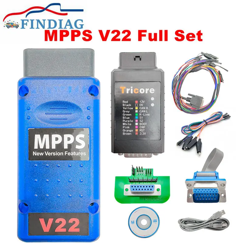 NEW Full Set MPPS V22 ECU Chip Tuning Tool MPPS 22 OBD2 Scanner With Adapters Breakout Tricore Cable OBD Scanner