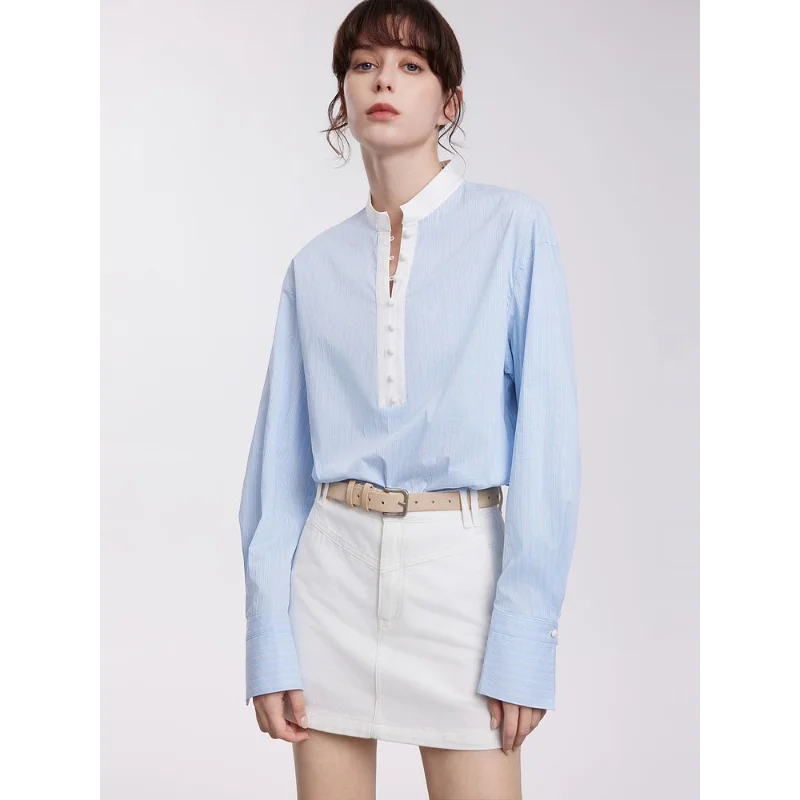 

Blue White Striped New Chinese Style Small Stand Collar Shirt for Women 2025 Spring Autumn New Fashionable Elegant Casual Shirt