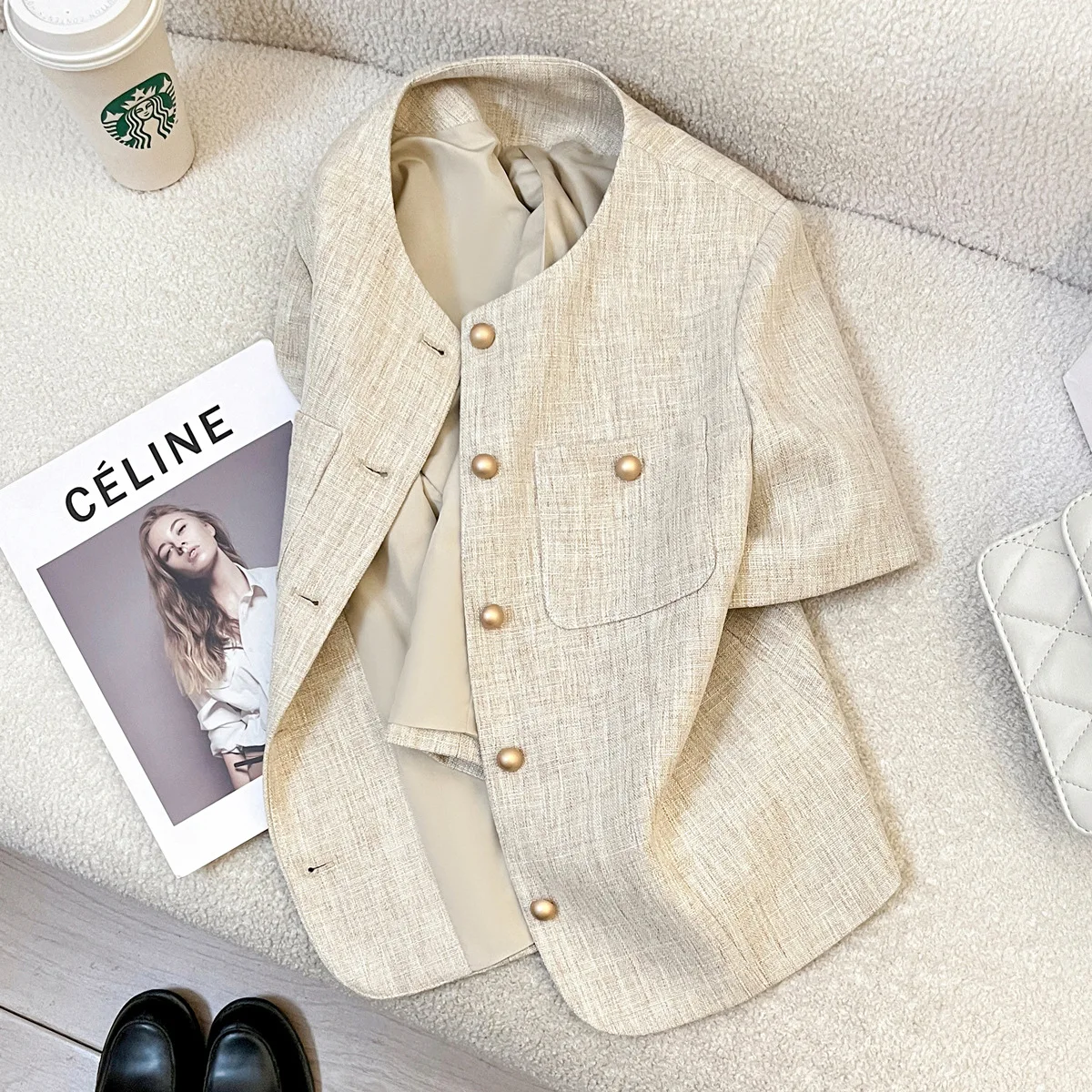 

Beige Short Sleeved Small Fragrant Style Suit Jacket for Women in Summer 2025, Versatile Commuter Top Thin