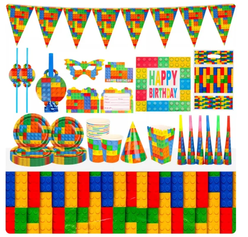 

87/145pcs New Building Blocks Birthday Party Decoration Tableware Plate Cup Napkins Backdrop Set Kid Birthday Theme Decor