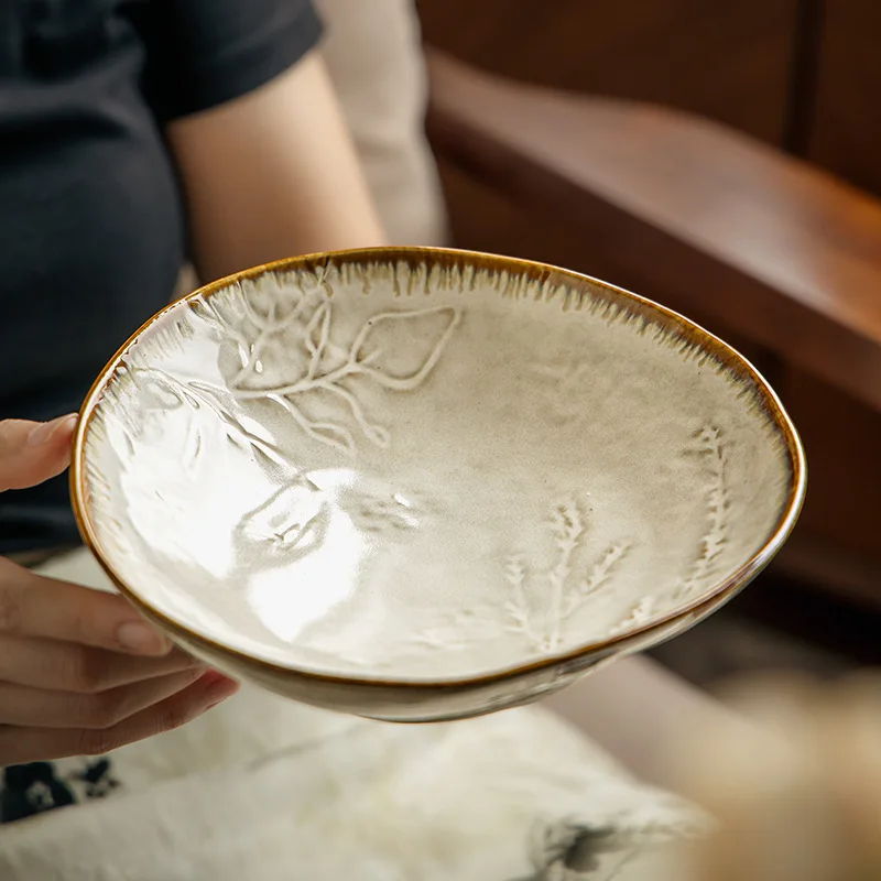 

Элегантная 8-дюймовая тисненная керамическая тарелка неправильной формы, тарелка для салата для домашней столовой
