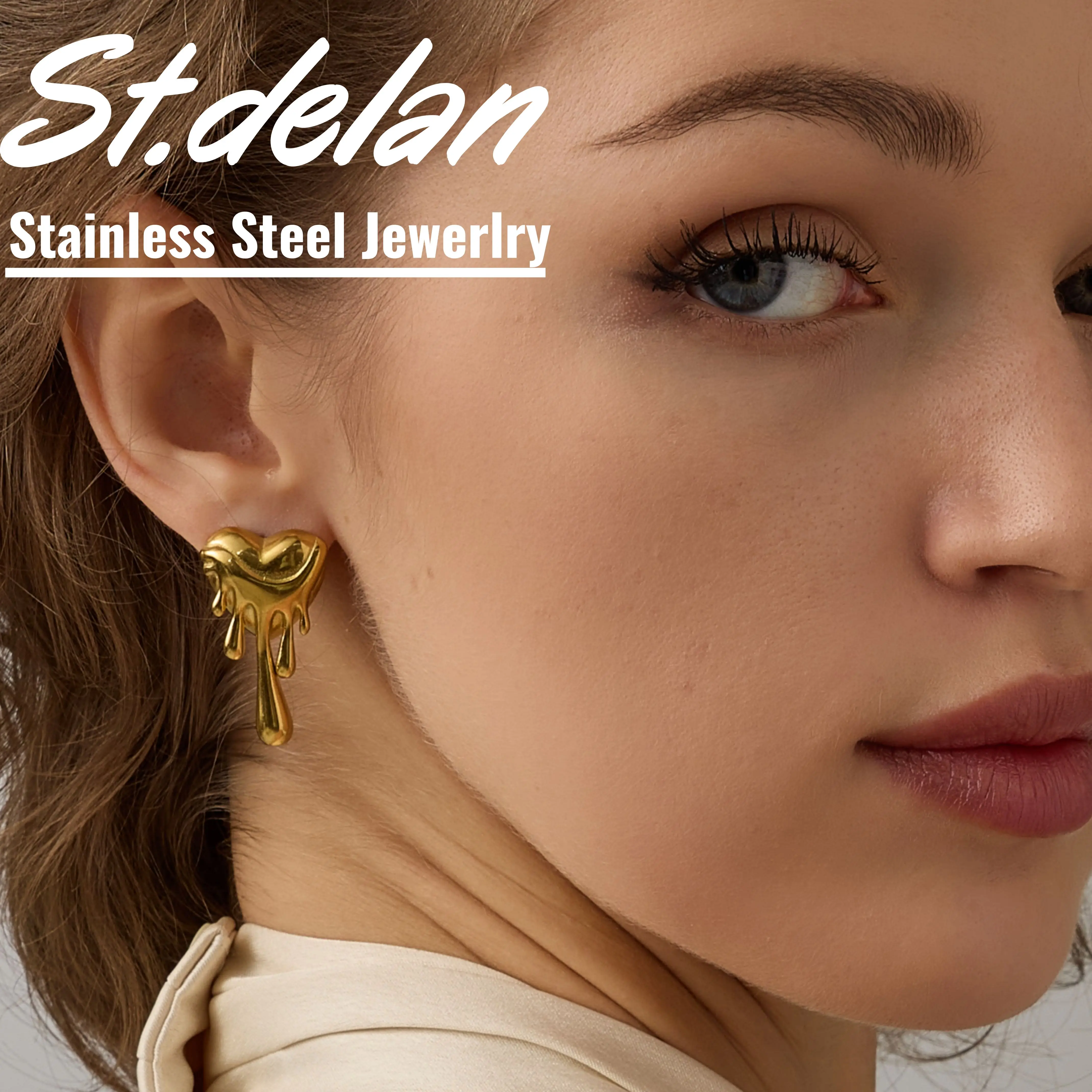 St.delan 18K Gold Plated Stainless Steel Heart Earrings Wholesale | European Vintage Delicate Ear Jewelry