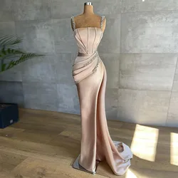 On Zhu Sexy Crystal Mermaid Satin Prom Dresses Spaghetti Strap Draped Sequined Evening Gowns Beading Formal Party Dress