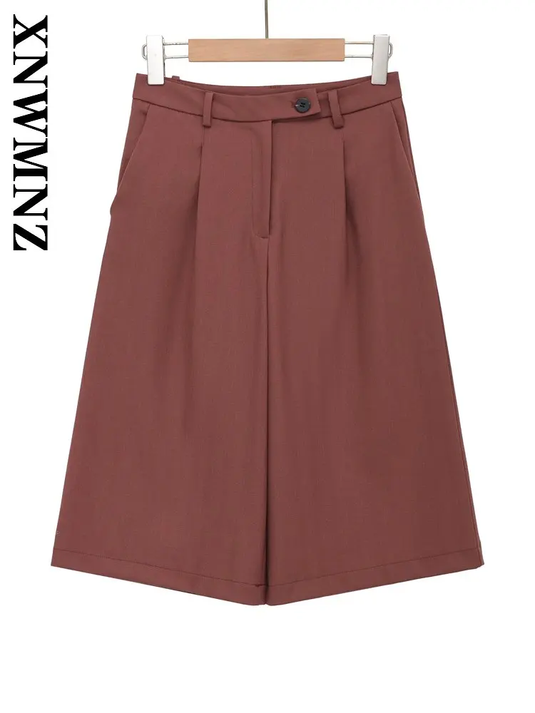 

XNWMNZ 2026 Summer Woman Simple Preppy Button wrinkle Seven Pants Casual Fashion Woman's Commuting Thin Slim High Waist Pockets