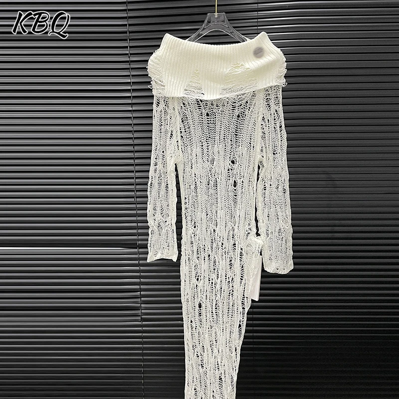 

KBQ Designer Slimming Irregular Hollow Out Solid Long Sweaters For Women Slash Neck Off The Shoulder Sleeve Chic Sweater Female