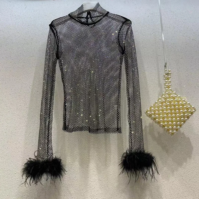 

Slimming Me Base irt Hollow out See tough Bird Feather High Collar Long Sve Women's Faionable Lace Snowflake Top