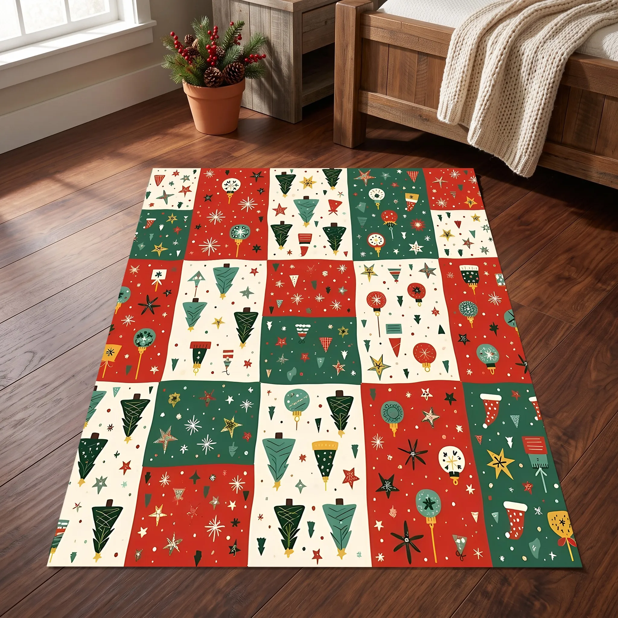 Checkered Patchwork Christmas Tree, Colorful Balls, and Star Patterns Create a Playful Christmas Velvet Rug Suitable for Living Rooms, Bedrooms, and Entryways, Adding a Warm and Festive Atmosphere to Autumn and Winter Decor