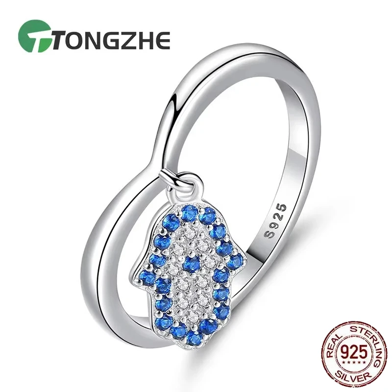

TONGZHE 925 Sterling Silver Ring Blue Eye Hamsa Hand Fatima Pendant Evil Eye Rings For Women CZ Heart Ring Wedding Jewelry