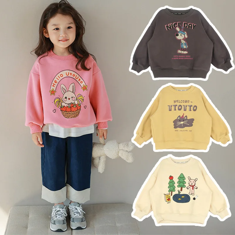 Childrens Girls Hoodies Thin Autumn Fashionable Stylish Little Girls Tops Cotton Printed Loose Kids Baby Girls Pullovers