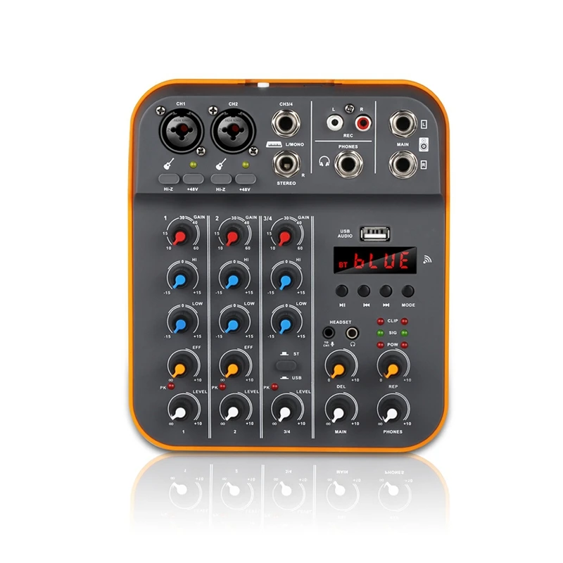 

4 Channel Audio Mixer DJ Console Mixer With Reverb Bluetooth 5.0 48V Power For PC Recording Karaoke Singing
