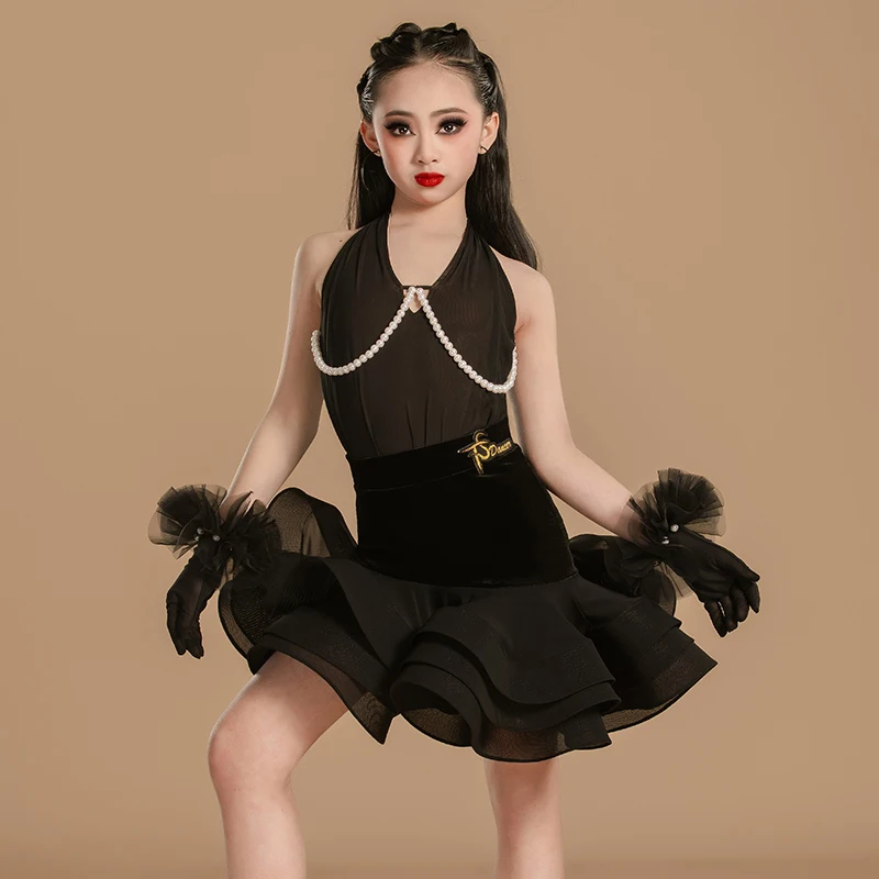 

2025 Girls Latin Dance Competition Dress Pearl Black Fishbone Dress Set Kids Cha Cha Rumba Dance Performance Dance Wear BL14893