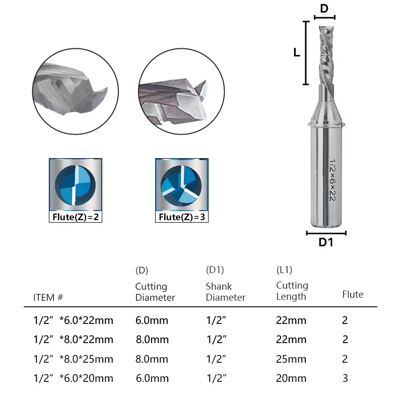 XCAN End Mill 1/2 Shank UP DOWN Milling Cutter TCT Compound Straight Router Bit Double Veneer Cutting Knife CNC Slot Cutter