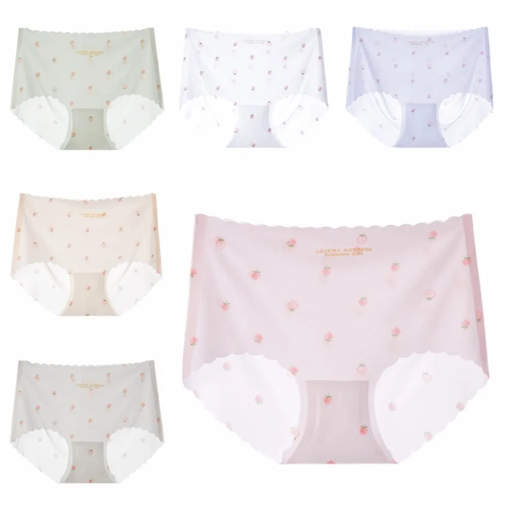 

6Pcs Cute Underwear Ice Silk Panties Mid Waist Thin Seamless Briefs Women Underpants Cotton Crotch Sweet Strawberry Briefs Gift