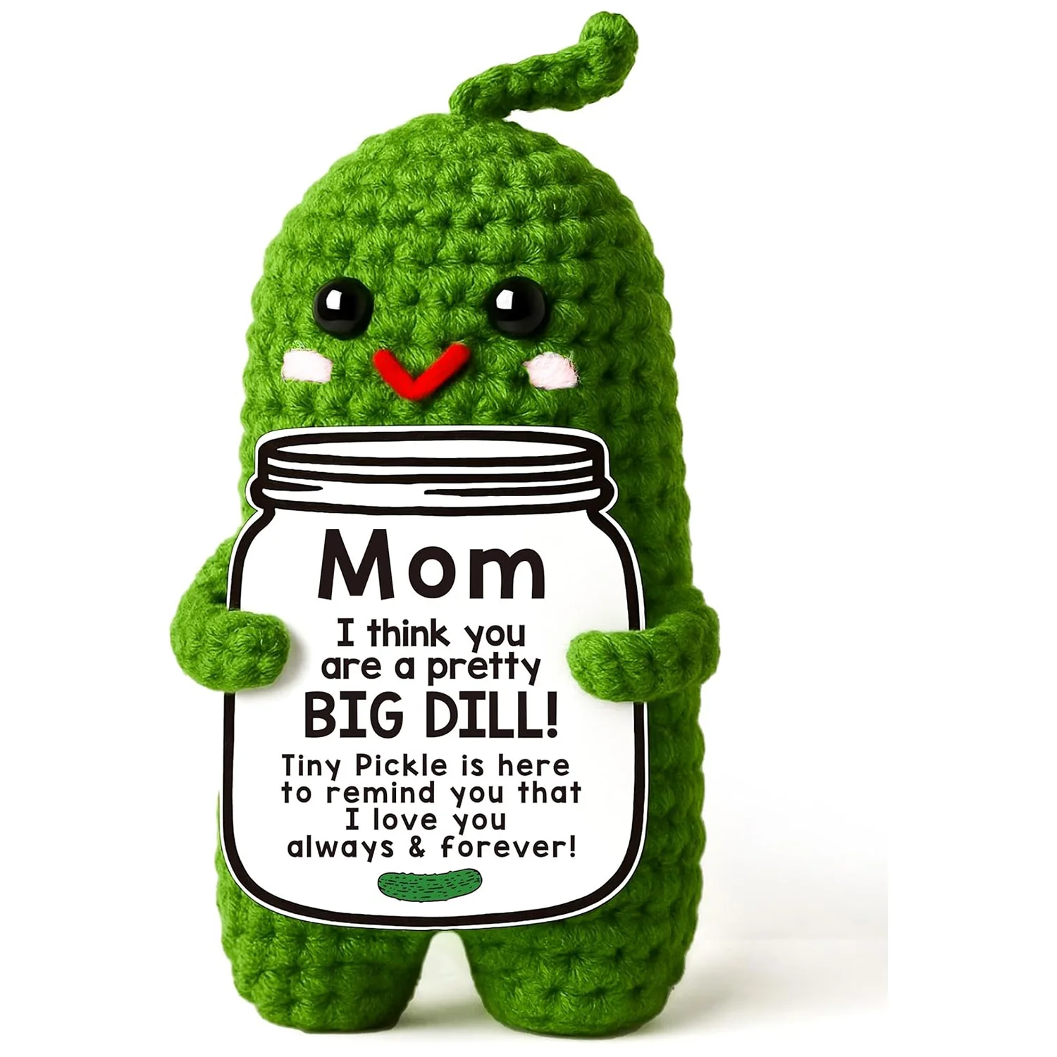 Lustige gehäkelte positive Pickle-Plüschpuppen mit Karte, Muttertagsgeschenk für Mutter von Tochter oder Sohn, handgefertigte gestrickte Pickle-Puppe