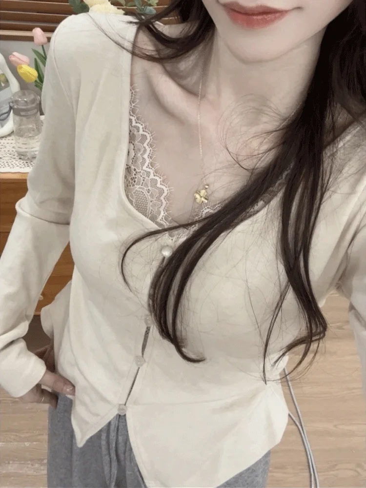 Koreanische Sle Spitze Splice Gefälschte Zwei-Stück Gestrickte Pullover frauen ort Inneren Tragen Abnehmen Top Weiche V-Ne lange Sve