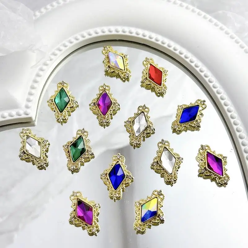 10Pcs Light Luxury Metal Alloy Lozenge Nail Charms Colorful Glass Diamond Inlaid Geometric Nail Art Decorations for DIY Nails