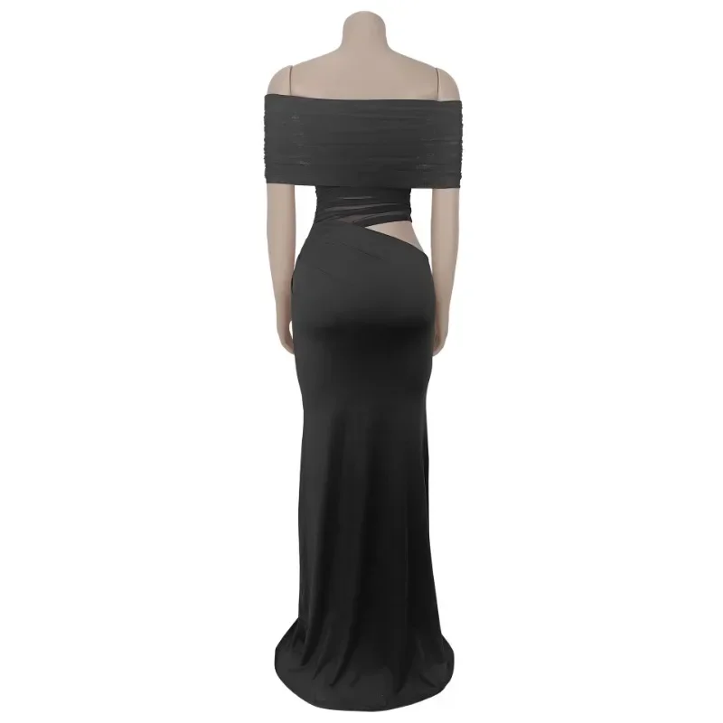 Hermosos vestidos largos fruncidos con hombros descubiertos para mujer, trajes amarillos, Vestido de playa drapeado de malla transparente elegante