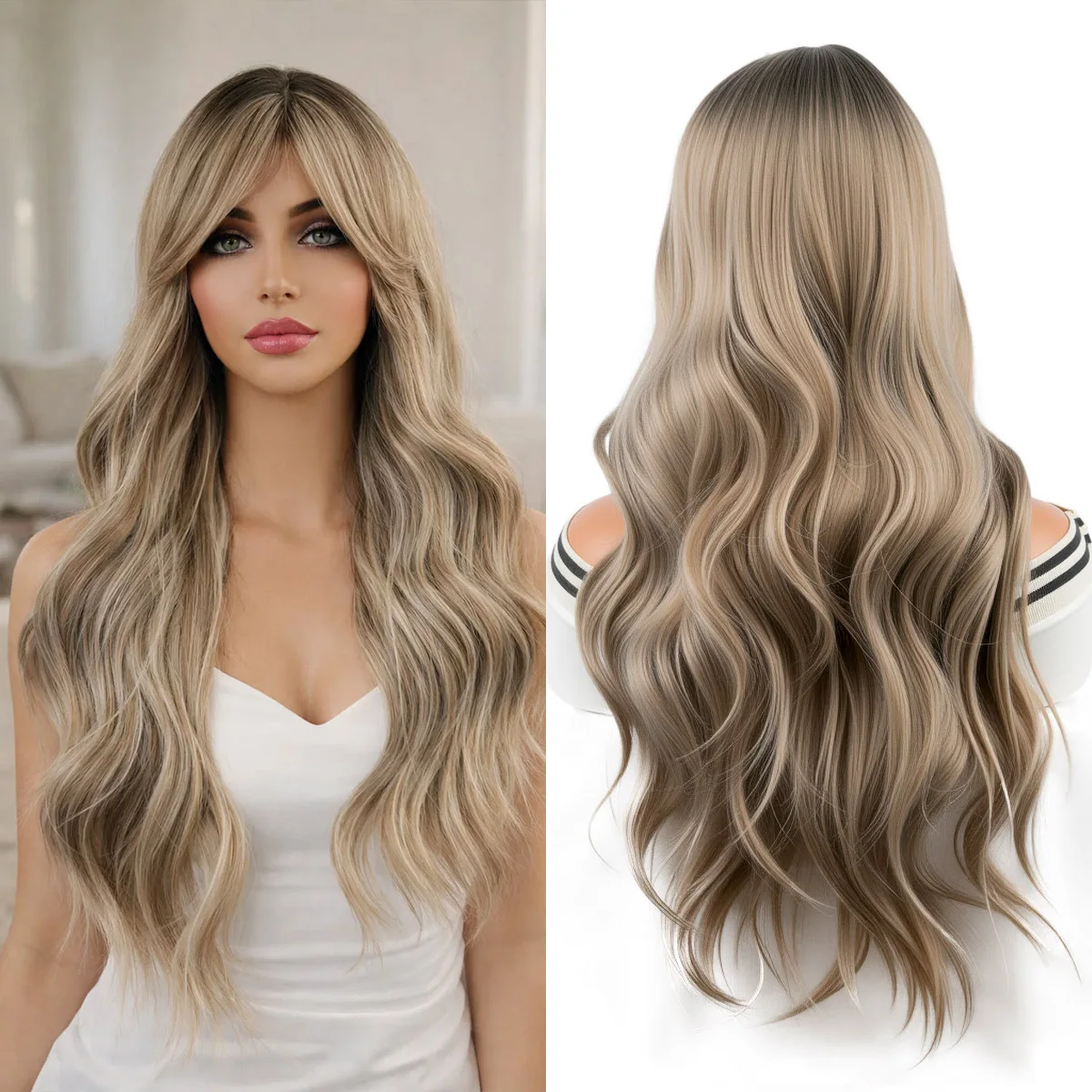 

SQRDGQ 26-дюймовый парик для женщин, повседневный, для вечеринок, косплей, синтетические волосы, женский парик с центральным пробором, натуральный волнистый парик для женщин