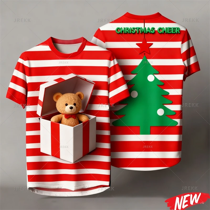 Red Stripes Cartoon Christmas Tshirt Men Women 3d Printing Merry Christmas Tee Shirts Tops 2026 New Year Short Sleeve T-shirt