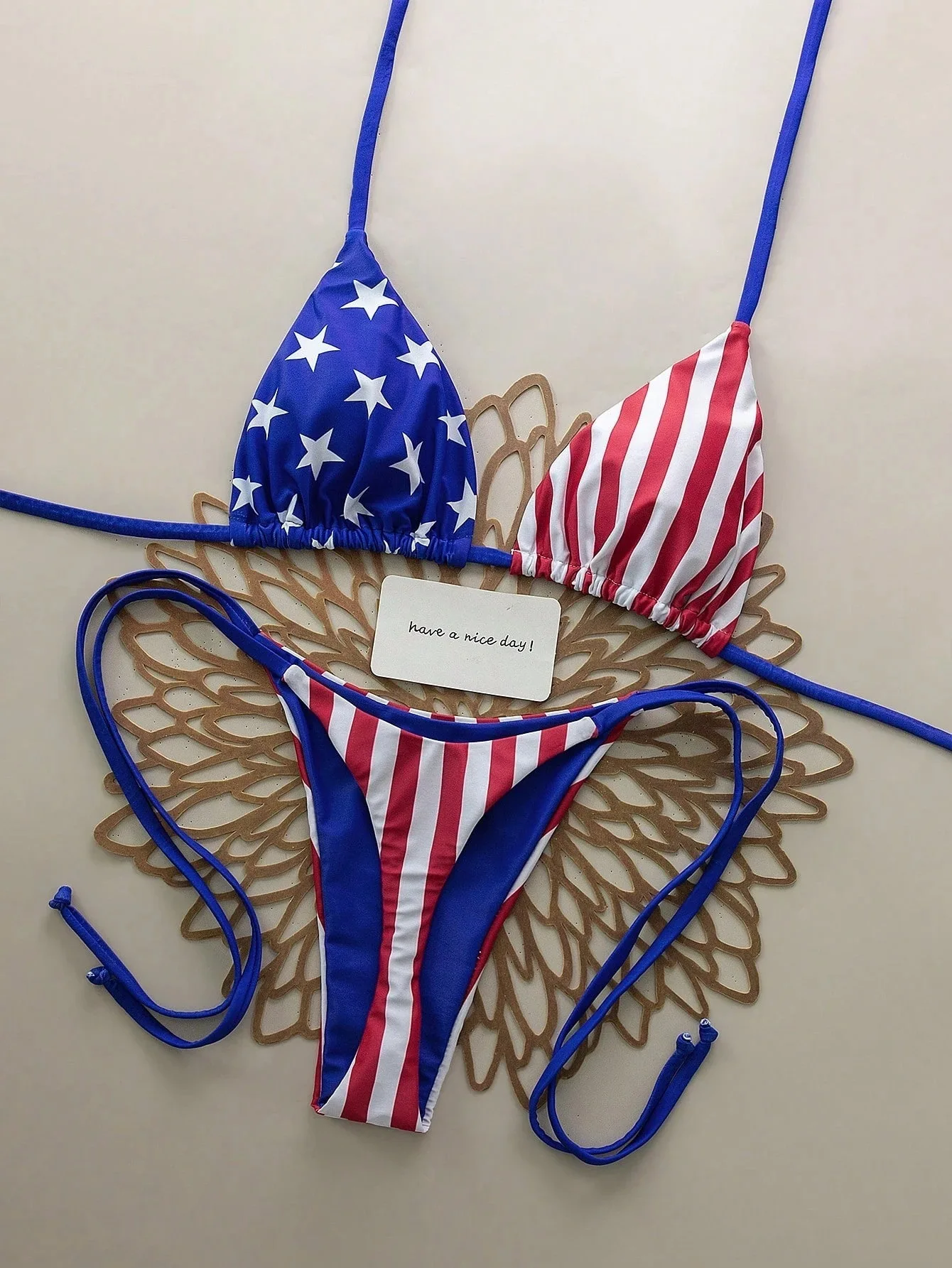 Asymmetric Star Spangled Banner Bikini Set Women's Triangle Cup Hanging Neck Double Strap High Fork Holiday Swimsuit