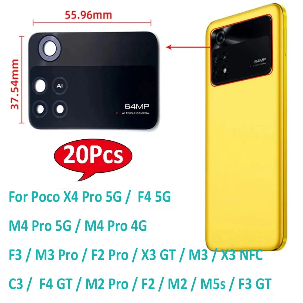 

20 шт., новая стеклянная крышка объектива задней камеры для Xiaomi Poco X4 F4 5G M4 F2 F3 X3 Pro 4G C3 M2 с наклейкой, запасные части