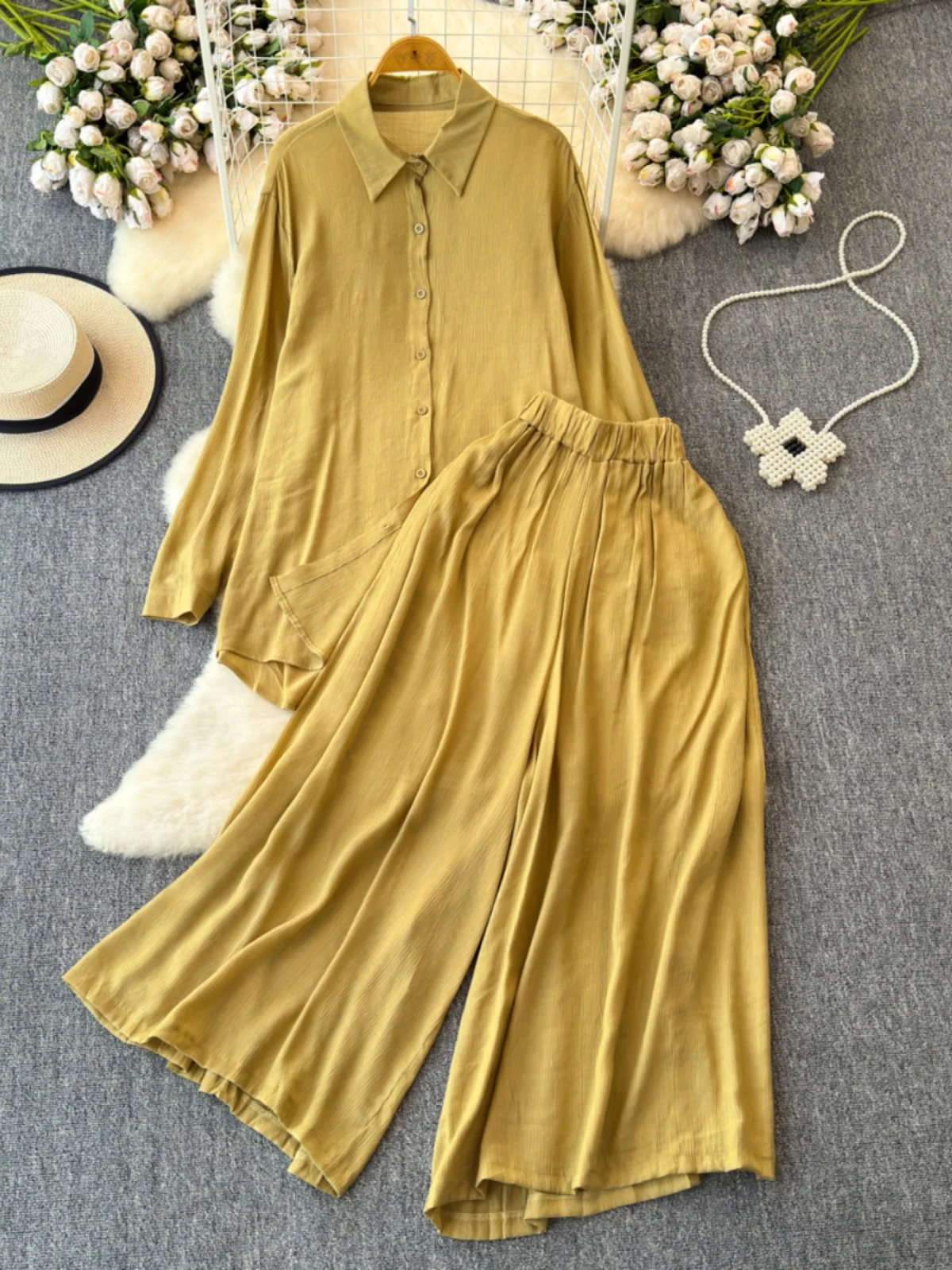 

Korean Lazy Sle Loose Sun Protection Women's Chiffon irt High Waist Slim Wide Leg Pants Autumn Outfit Two-Piece Set