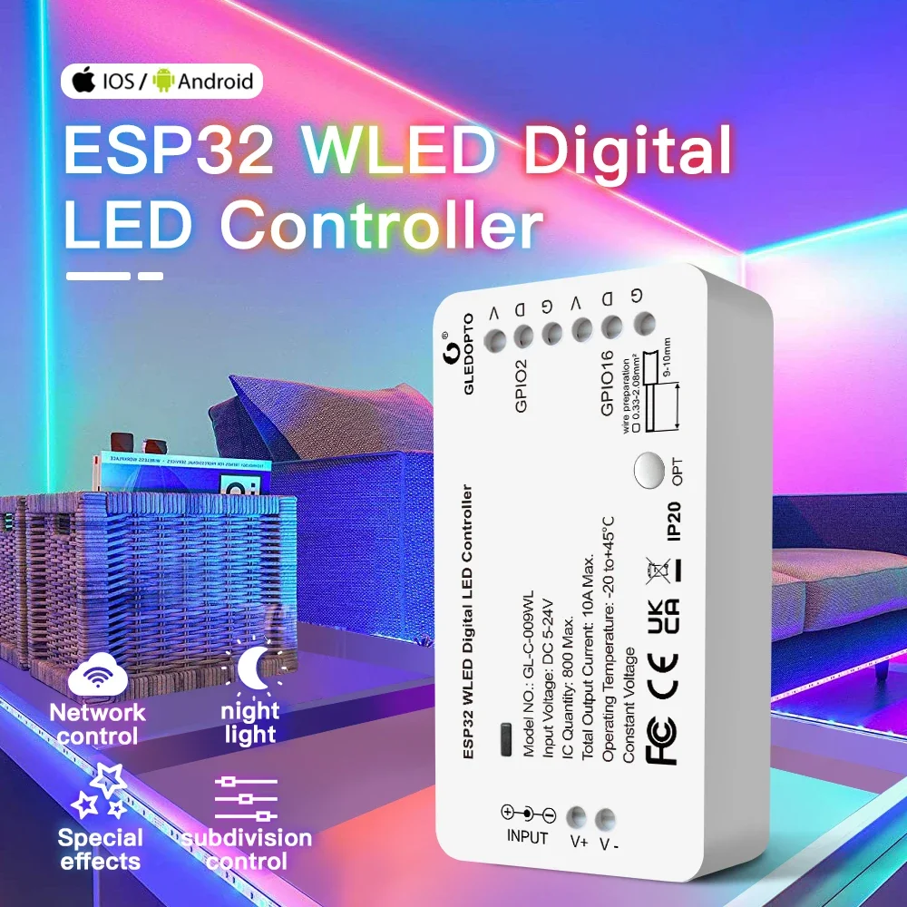 ESP32 WLED RGB RGBW Digital Strip Controller Supports WS2811 SK6812 SM16703P WS2812B APP Web MQTT and Home Assistant Automation