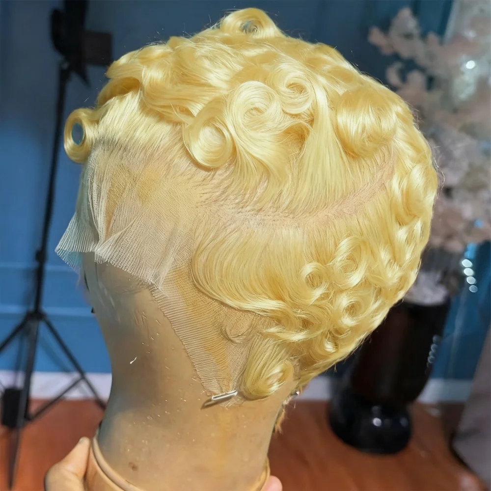 

13x4 Lace Front Human Hair Wig for Women Short Layered Pixie Cut Natural Black 99J 613 gray Color 180% Density Curly Wavy Hair