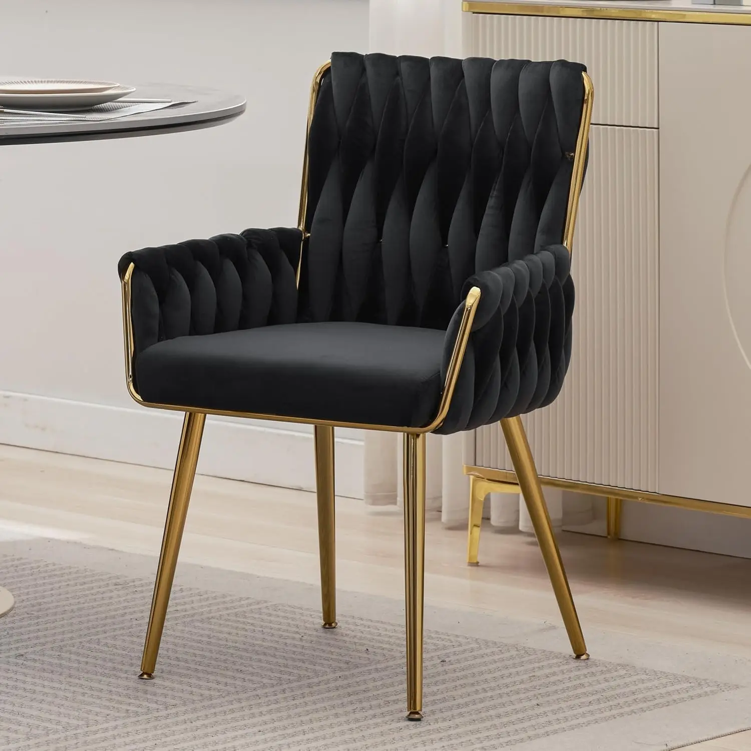 

Desk Chair No Wheels 1Pc, Modern Woven Velvet Vanity Chair With Ba & Armrest, Comfy Cute Gold Metal Legs Upholstered Makeup