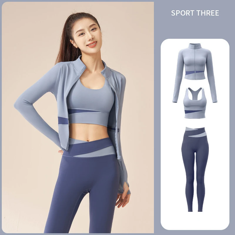 3Pcs Yoga Set Women\'s Fitness Gym yoga Clothes Coats+Bra+Leggings Shaping Running Fitness Set Women\'s tracksuit