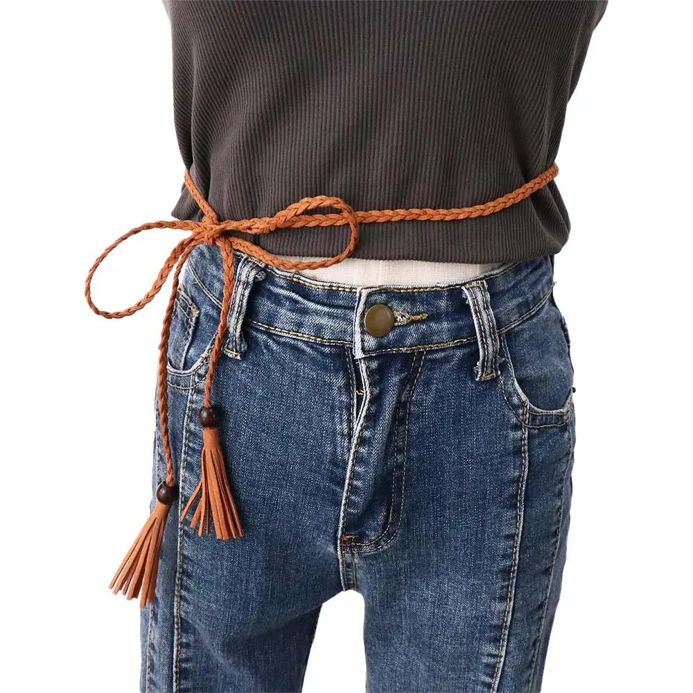 Unique Bohemian Thin Belts Wooden Bead All-match Braided Tassel Belt Ethnic Style Belts Waist Rope Women Waist Chain