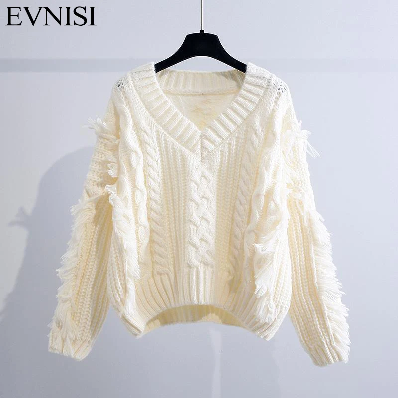 

EVNISI Fashionable Women Tassels element Sweater Pullover V-Neck Ribbed Knitting Loose Long Sleeve Cashmere Jumper For Women