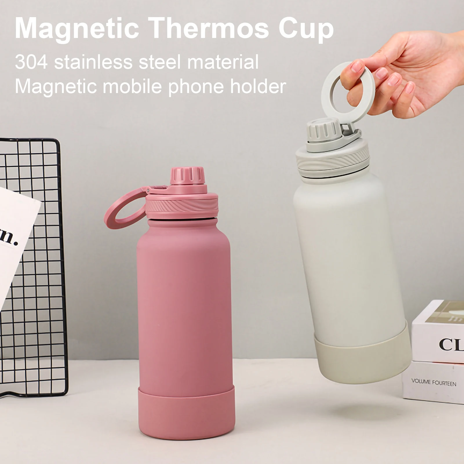 Thermos Cup,Cellphone Magnetic Stand,Double Stainless Steel,Portable Handle,Protect Insulation And Cold,Sports Water Bottle