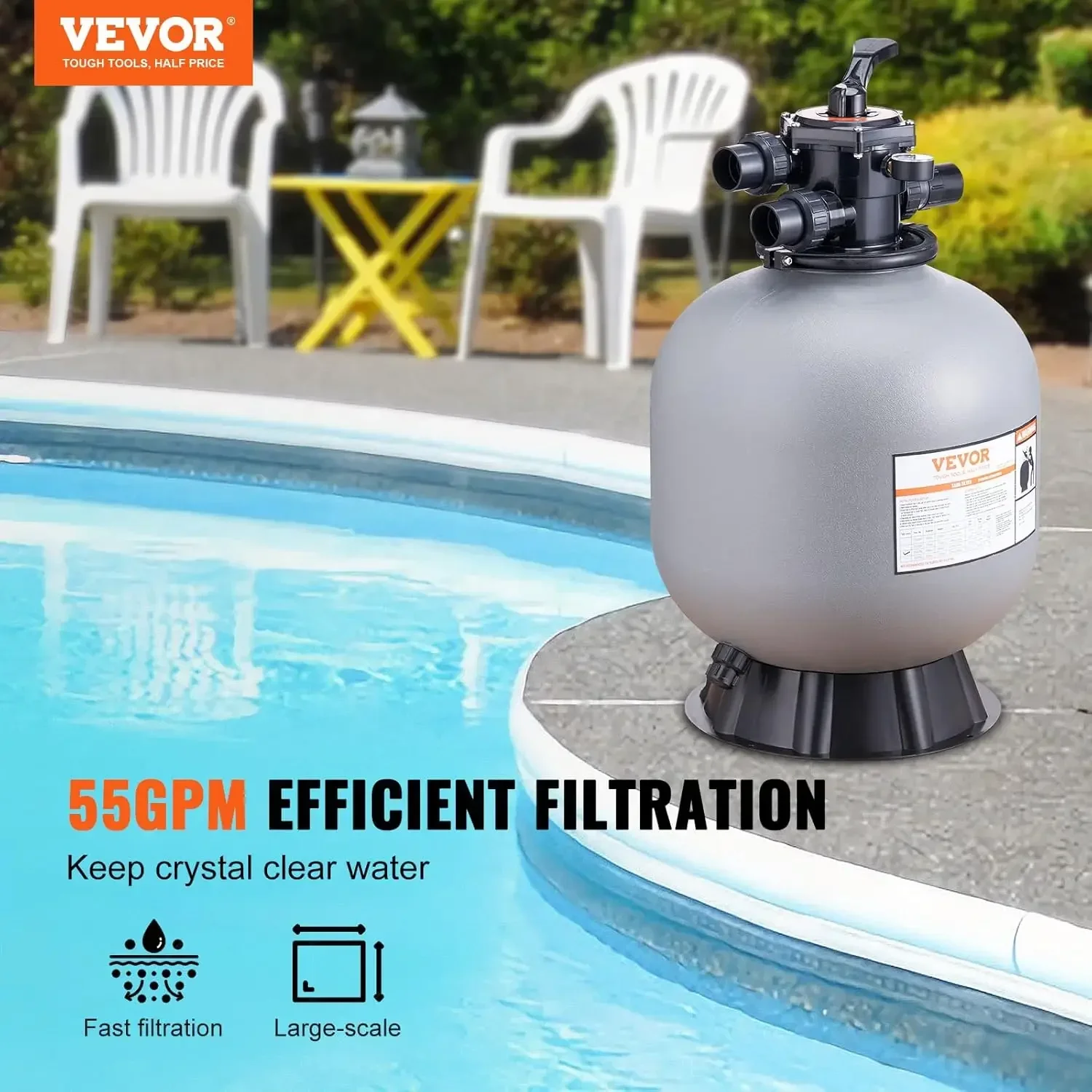 Sand Filter, 22-inch, Up to 55 GPM Flow Rate, Above Inground Swimming Pool Sand Filter System with 7-Way Multi-Port Valve