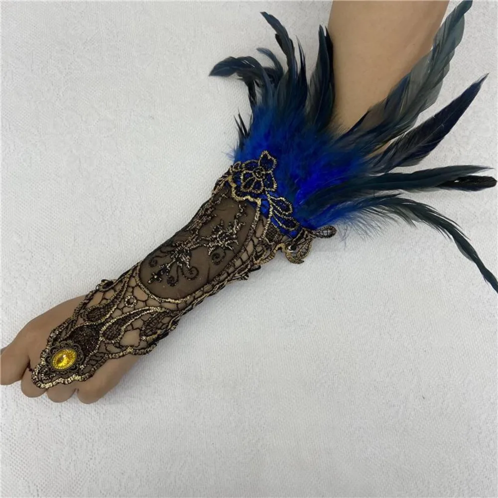 Costume Witch Halloween Feather Gloves Retro Embroidery Halloween Feather Cuffs Halloween Dark Women Feather Lace Glove Women