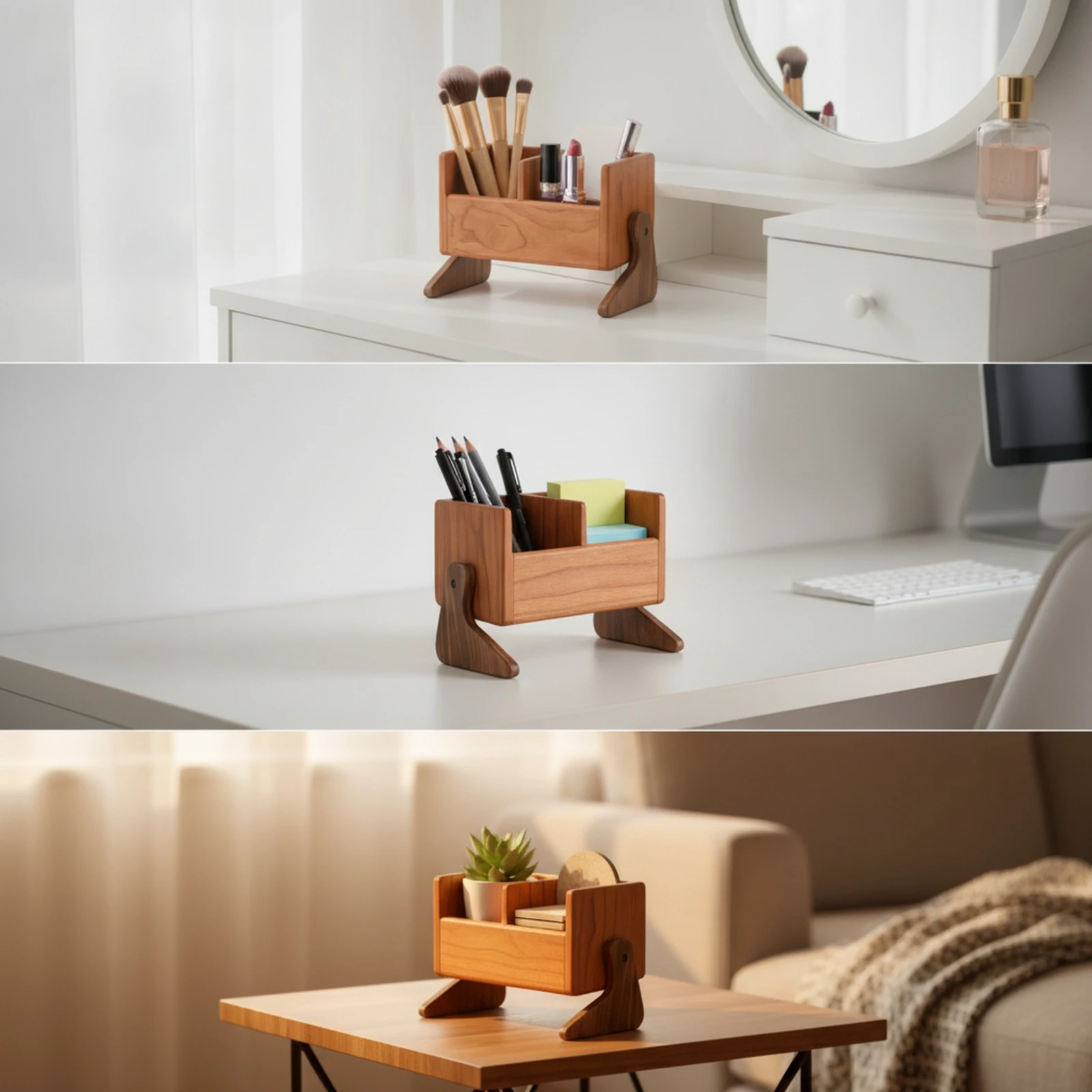 Wooden Cosmetic Storage Organizer Open-Top Wooden Vanity Organizer Makeup Storage Box Space-Saving Compact for Women