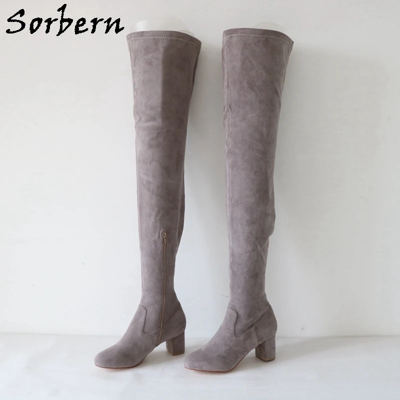 Sorbern 7Cm Block Heel Boots Women Grey Faux Suede Winter Style Plush Lining Shoes Drags Custom Wide Calf Low Heels Unisex
