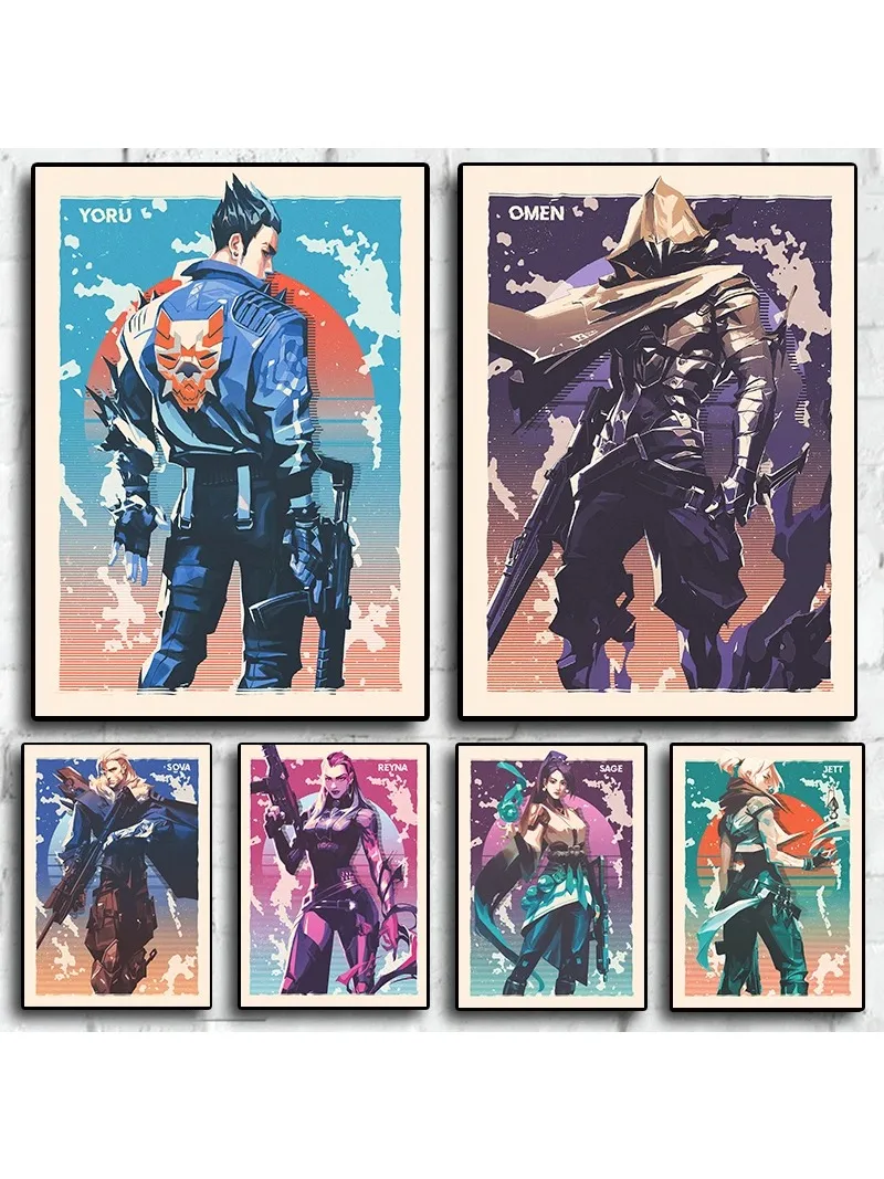 Affiche en toile de jeu de tir Pop Valorant, ensemble de pistolets Skye Gekko Harbour Jett, décor mural imprimé néon, décoration de salle de jeux, 2023