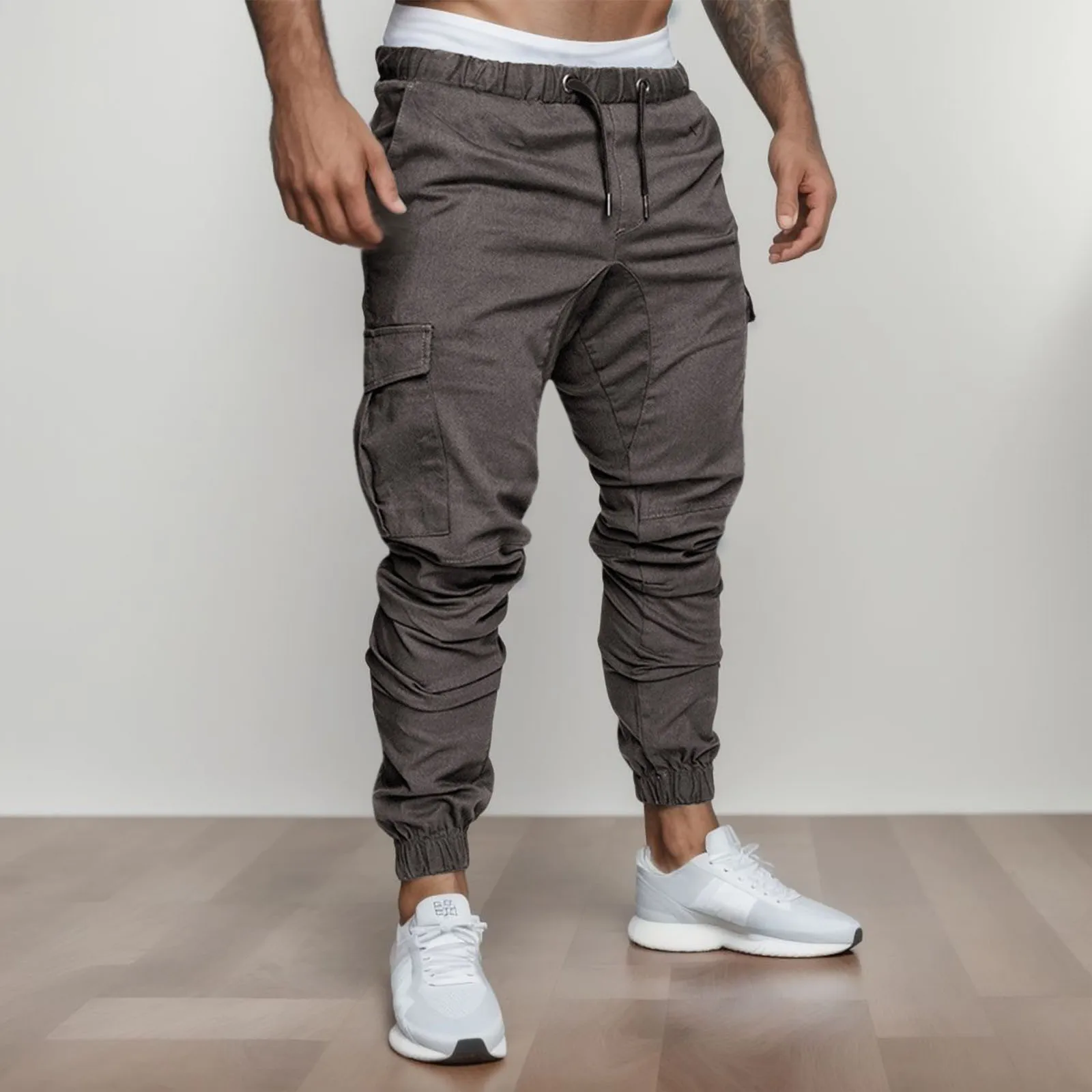 

Men Harajuku Joggers Men Clothing Trousers Casual Solid Color Pockets Waist Drawstring Ankle Tied Skinny Cargo Pants For Men