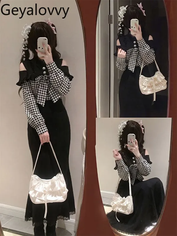 

Gentle Japanese Sweet Plaid Patchwork Waist-Fitted Mermaid Hem Dress 2026 Spring New Long Sleeve Off-Shoulder Lolita Dresses