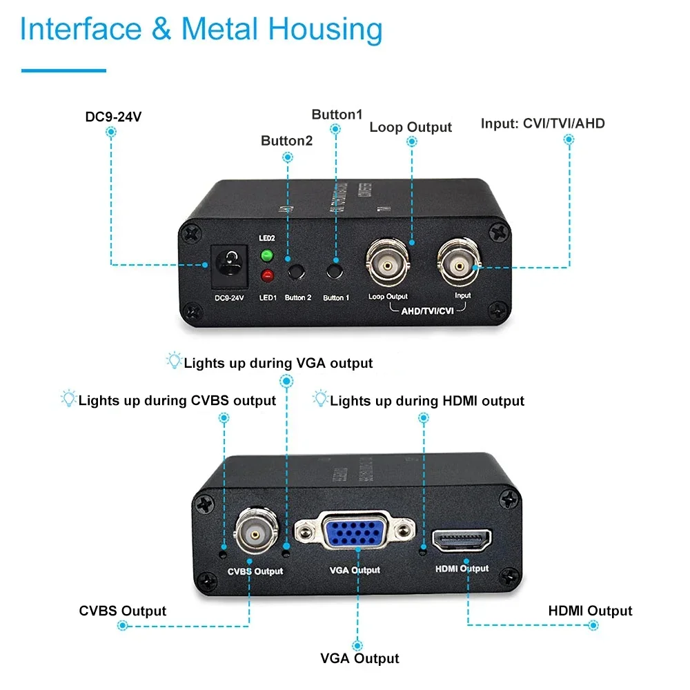 8MP IP Camera Video Converter TVI/AHD/CVI To HDMI/CVBS/VGA Converter Looping TVI/AHD/CVI Output for Surveillance Camera System