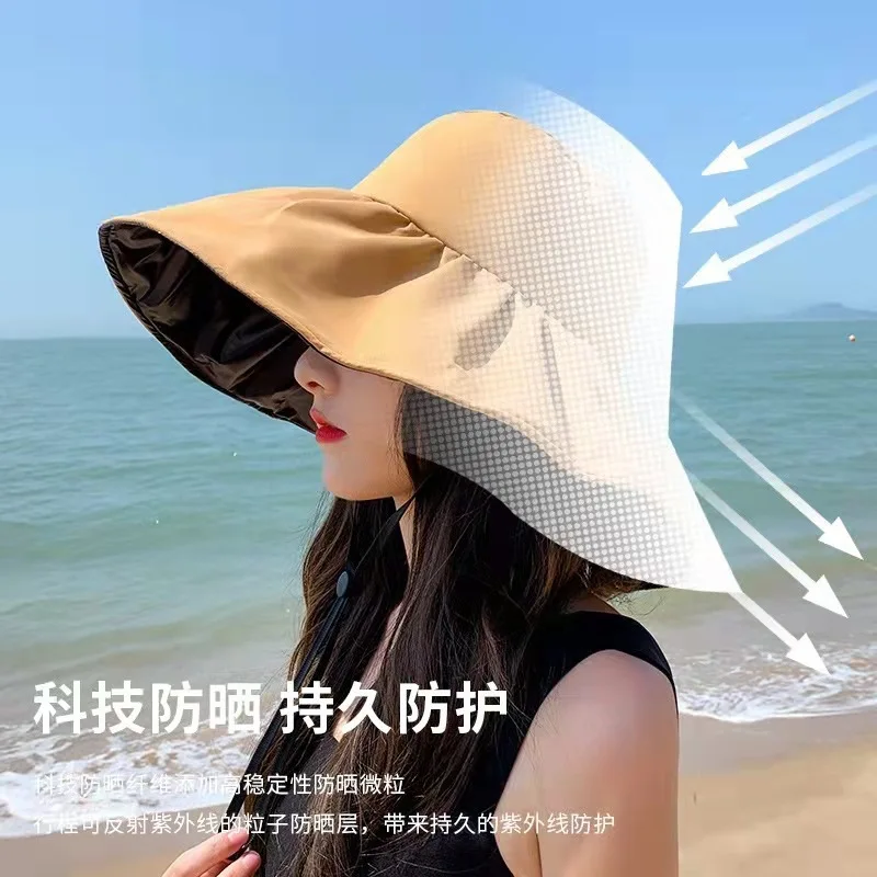 Women Black Coating Wide Brim Bucket Hat Foldable UV Protection Beach Fishing Outdoor Sun Cap