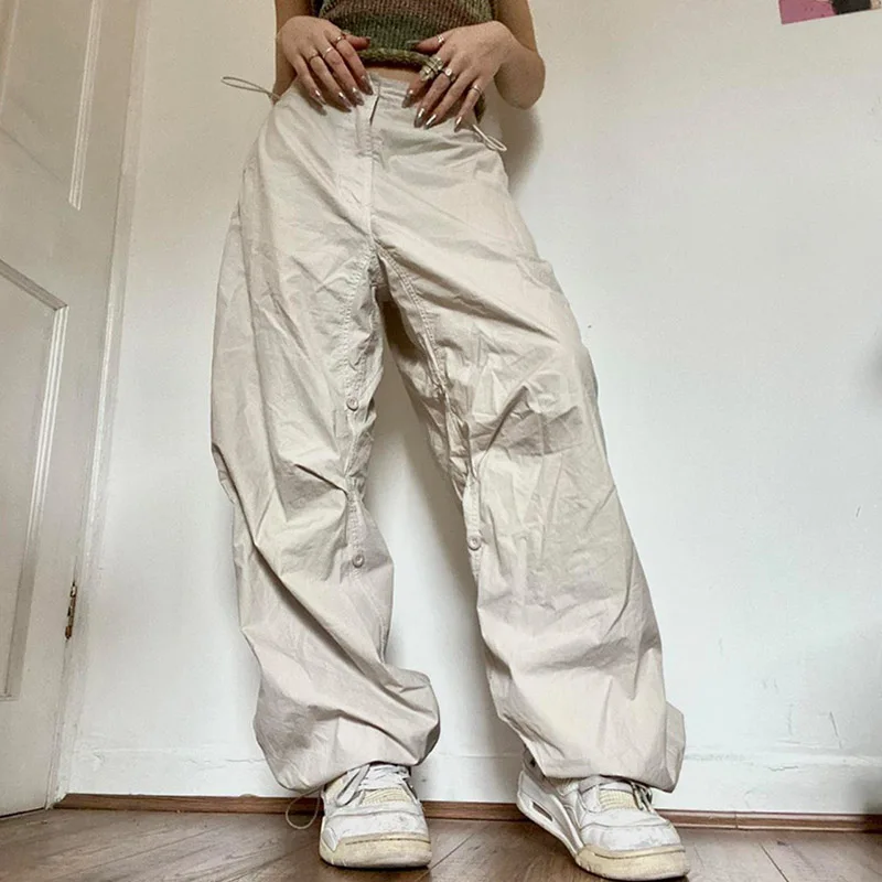 Solid Joggers Tech Pants High Waist Streetwear Fashion Brown Baggy Trousers Y2K Casual Vintage Clothes