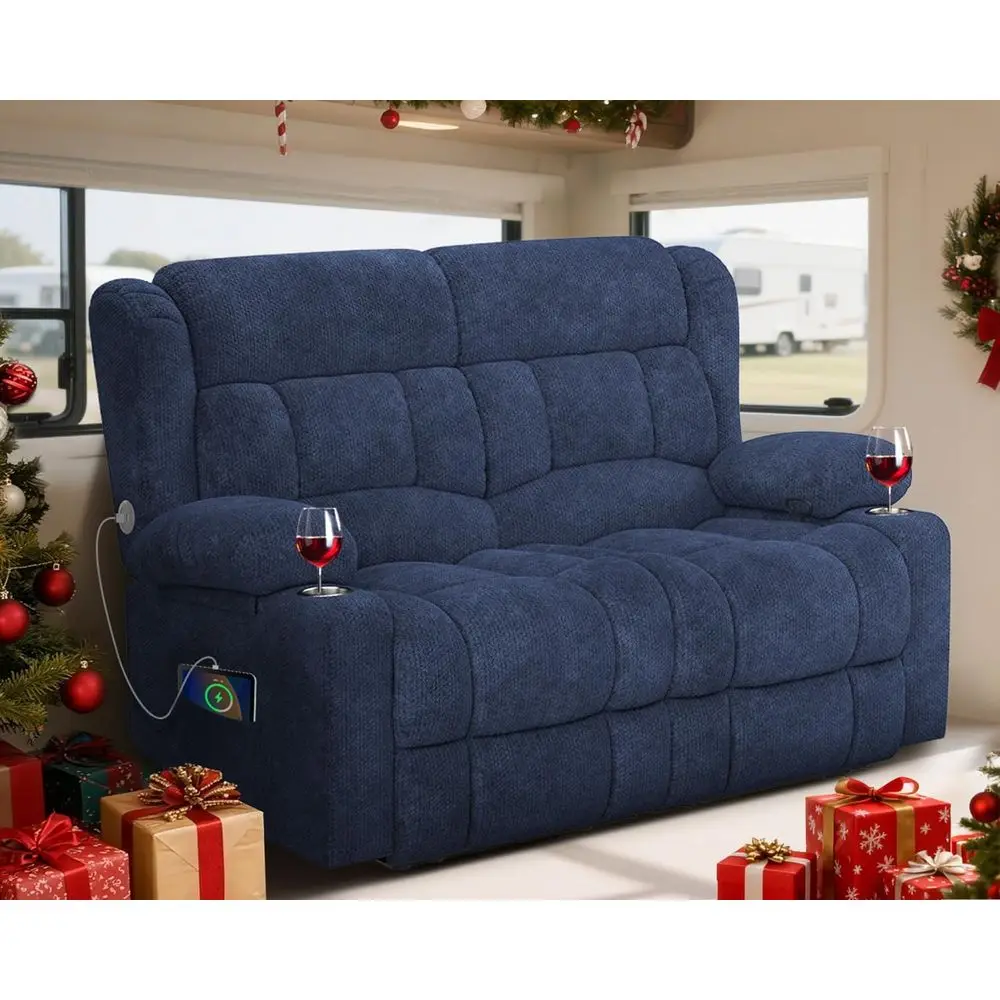 

RV Loveseat Recliner with USB Ports, Cup Holders, and Adjustable Velvet Recliners for Travel and Home Theater Comfort