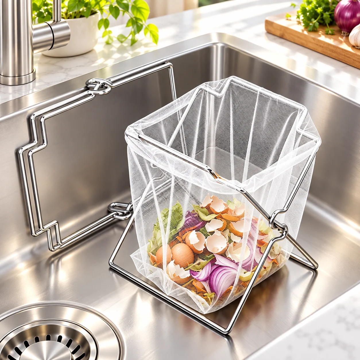 Large Collapsible Stainless Steel Garbage Bag Holder Portable Kitchen Countertop Trash Bag Support Rack Organizer Kitchen