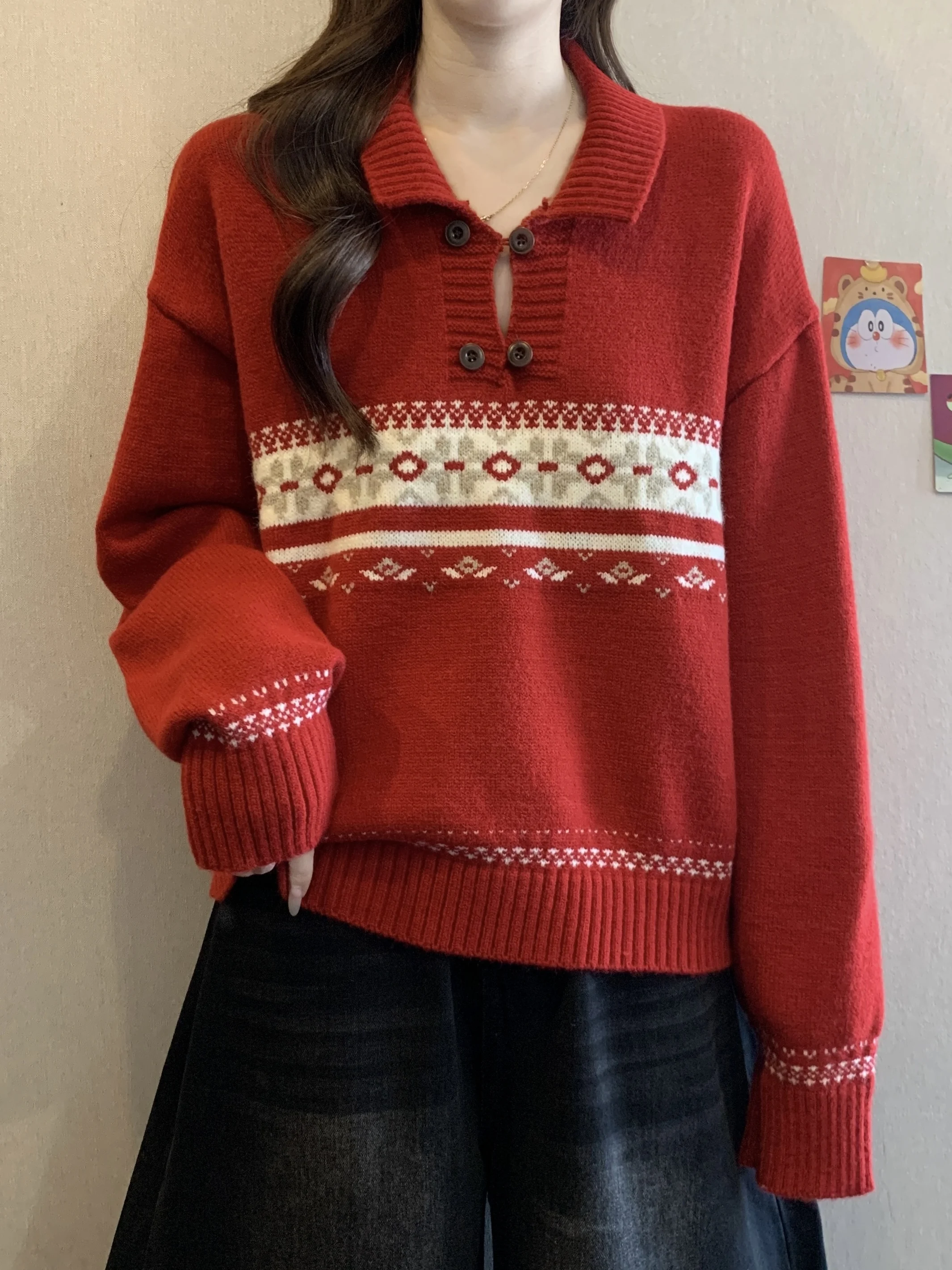 

Red Long Sve Knitted Sweater for Women Faionable Turn-down Collar plus Size Trendy Anti-aging Winter Top Korean Sle Lo...